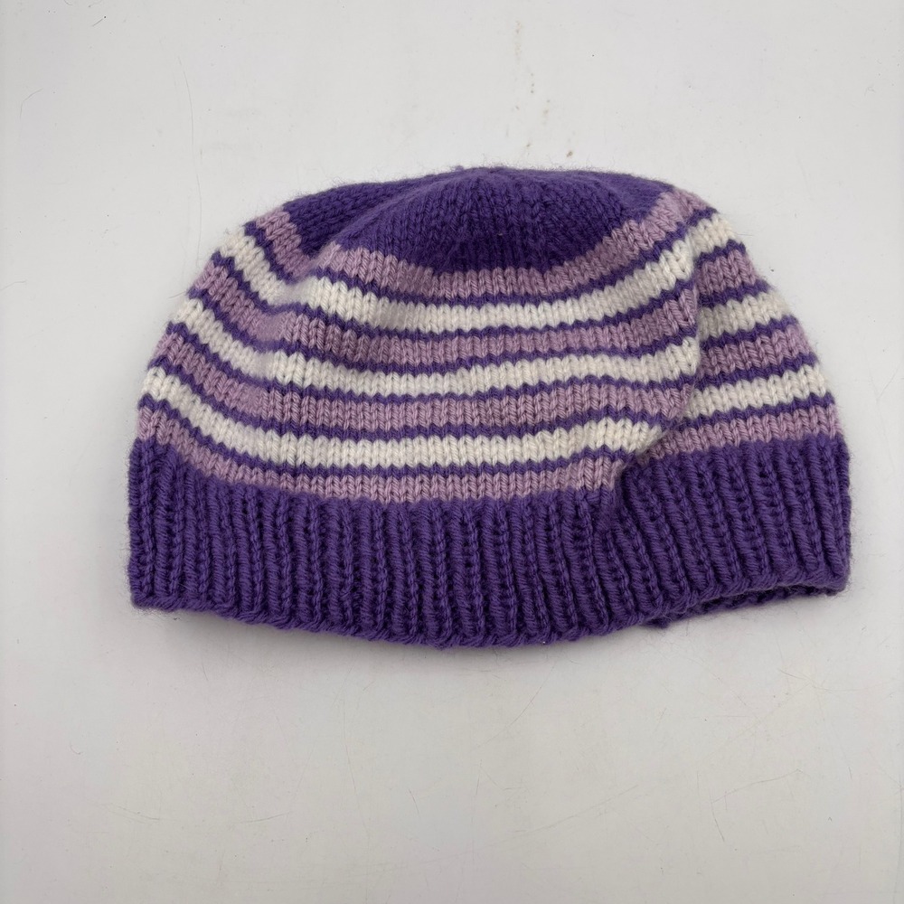 Hand Knit Beanie Hat Purple Lavender White Striped Cozy Winter Warm Women - Picture 2 of 4